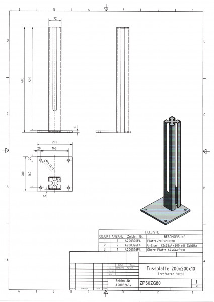 Fußplatte mit Rohrstutzen für Torpfosten 80 x 80 mm, RAL7016