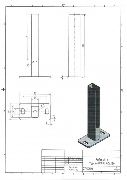 Fußplatte schmal mit Rohrstutzen für Typ A / PM / U, Platte 80 x 150 mm