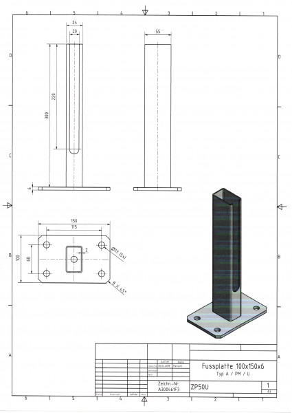 Fußplatte mit Rohrstutzen Typ A / PM / U Platte 100 x 150 x 6 mm VERZINKT